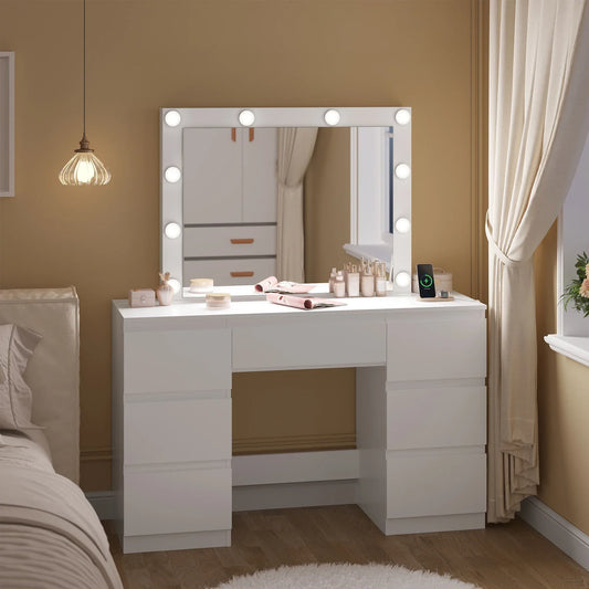 Coiffeuse avec miroir LED & prises – Bureau de maquillage moderne à 7 tiroirs