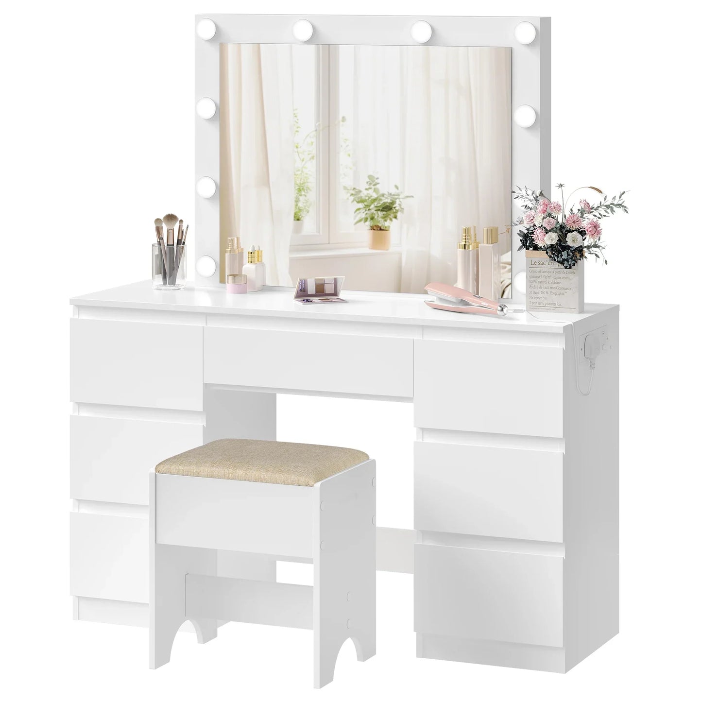 Coiffeuse avec miroir LED & prises – Bureau de maquillage moderne à 7 tiroirs