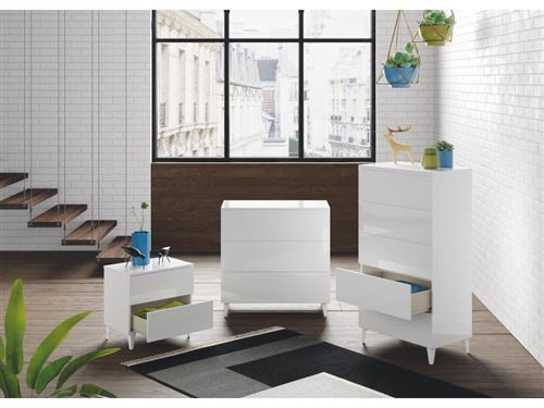 Table de chevet avec 2 tiroirs couleur blanc brillant